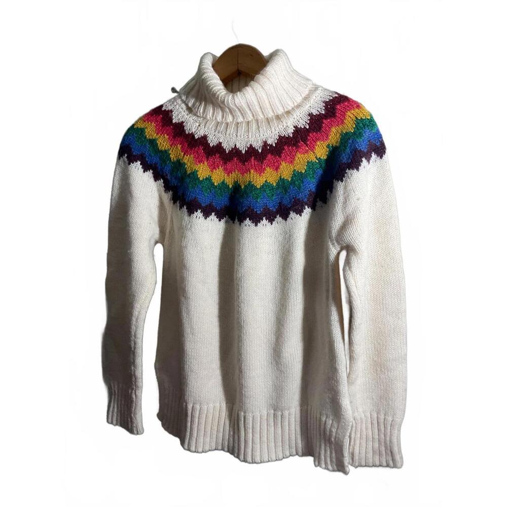 Alya White Wool Blend Turtleneck Sweater with Colorful Pattern Large - Picture 2 of 10